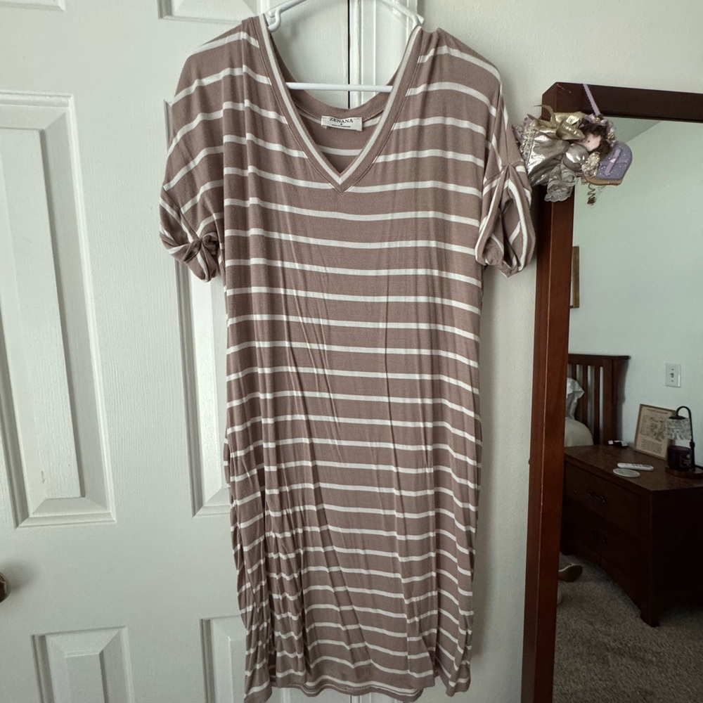 Zenana Outfitters Taupe and White Striped V-Neck Dress